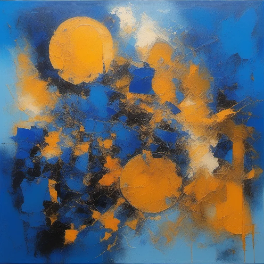 Abstract painting in electric blue and bright amber: two glowing amber orbs among fractured blue and black brushwork.