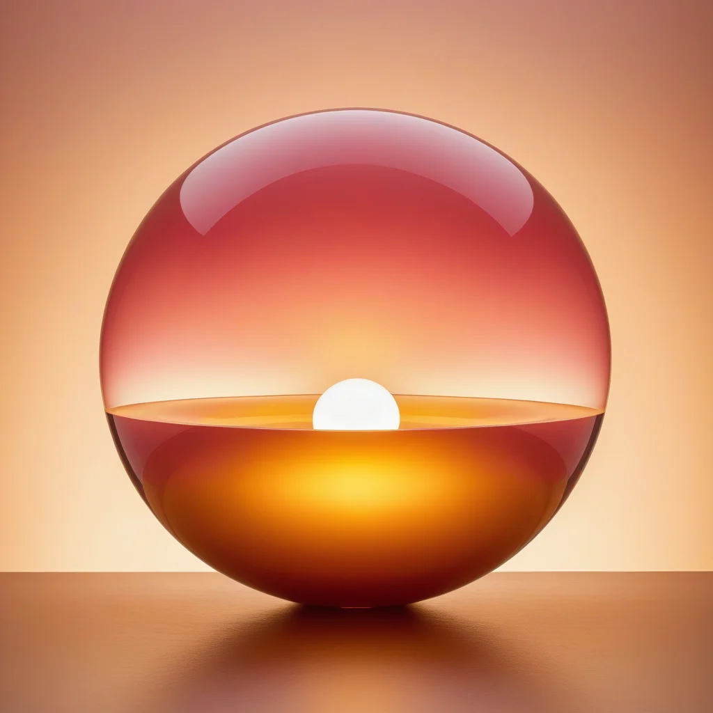 Photorealistic translucent sphere on a dark reflective surface against a warm peach-to-amber gradient; its lower half glows amber, its upper half is clear and rose-tinted, and a small luminous white orb sits at the internal horizon where the two halves meet.